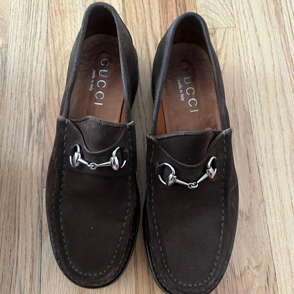 Gucci Brown Suede Loafers with Horse-Bit Detail